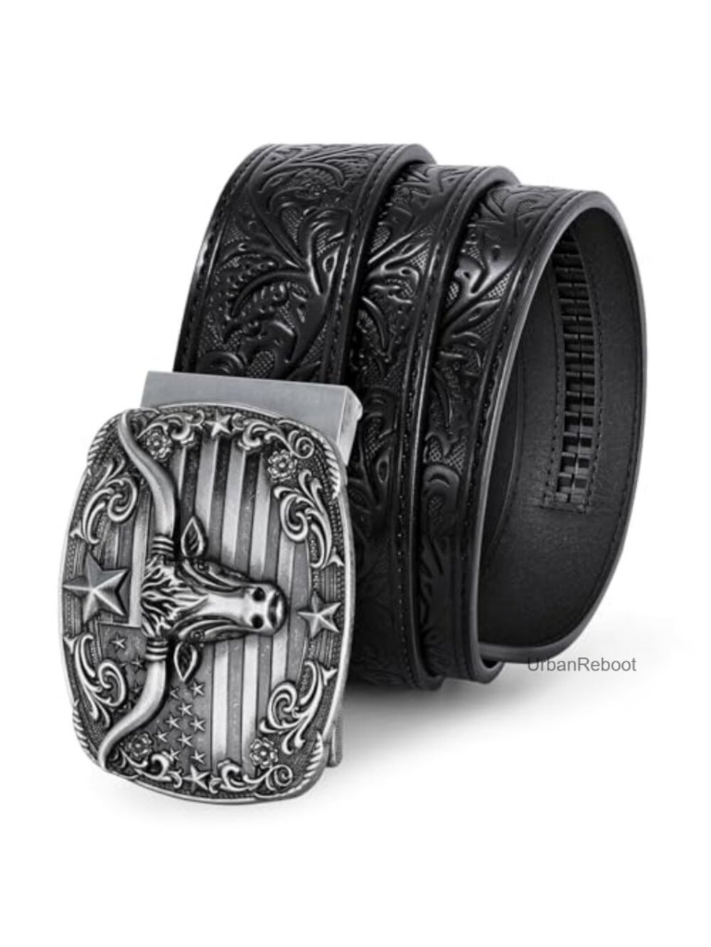 Mens Cowboy Western Ratchet Leather Belt Silver Buckle Micro-Adjust